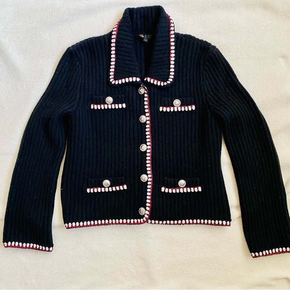 MAJE Contrasting ribbed cropped cardigan - Black with red and white trimming - Picture 5 of 8